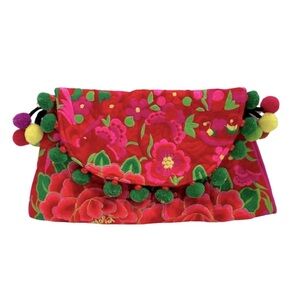 Island Flower‎ Embroidered Colorful Clutch with Pom Pom Ball Tassels